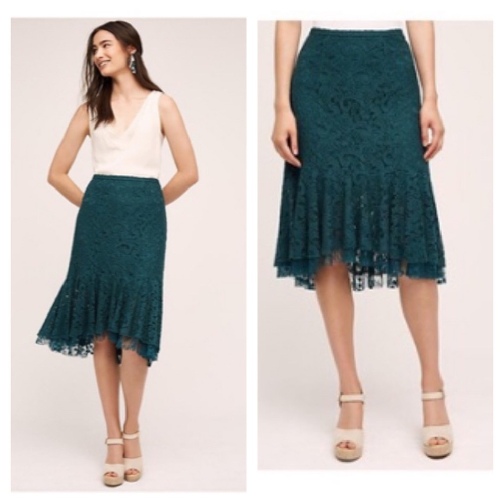 Anthropologie Teal Lace Asymmetrical Hem Skirt